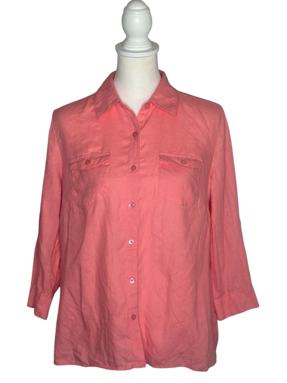 Kim Rogers EUC 100% Linen Coral Button-Down Collared Shirt Sz MP Coastal Grandma